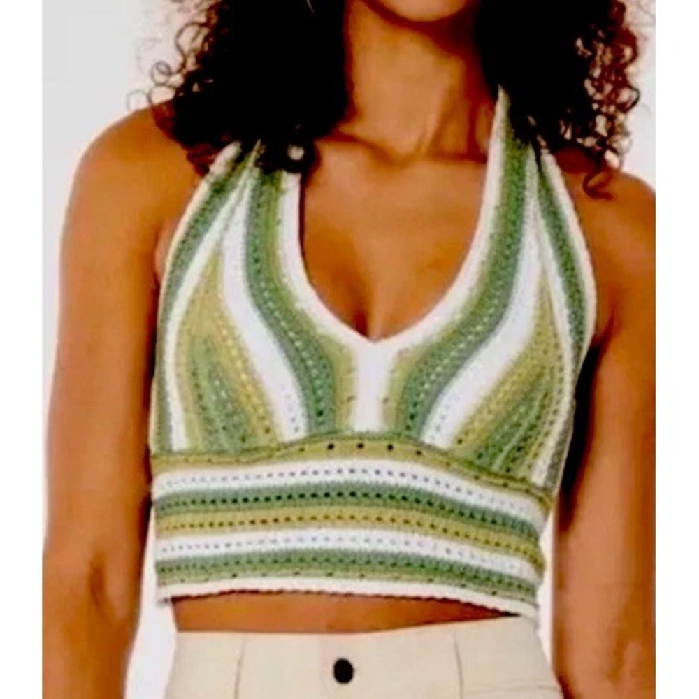 Hollister Striped Halter Top Green‎ White Knit Crochet Crop Tie Large